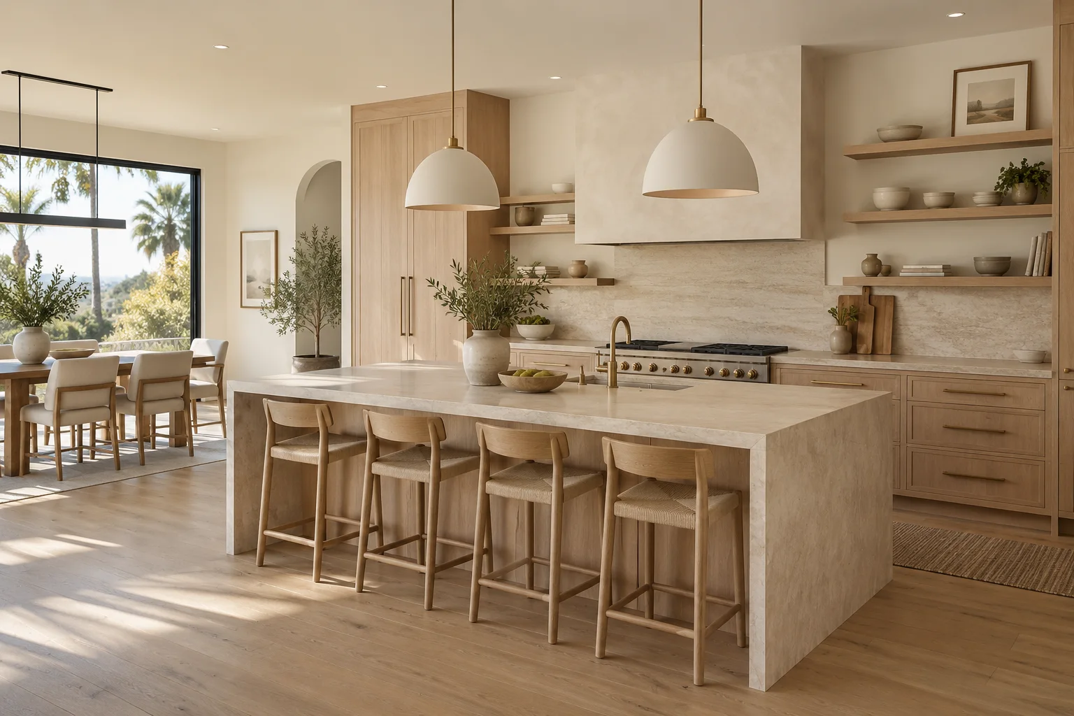 An illustrative sunlit kitchen with pale oak cabinets and a limestone island.
