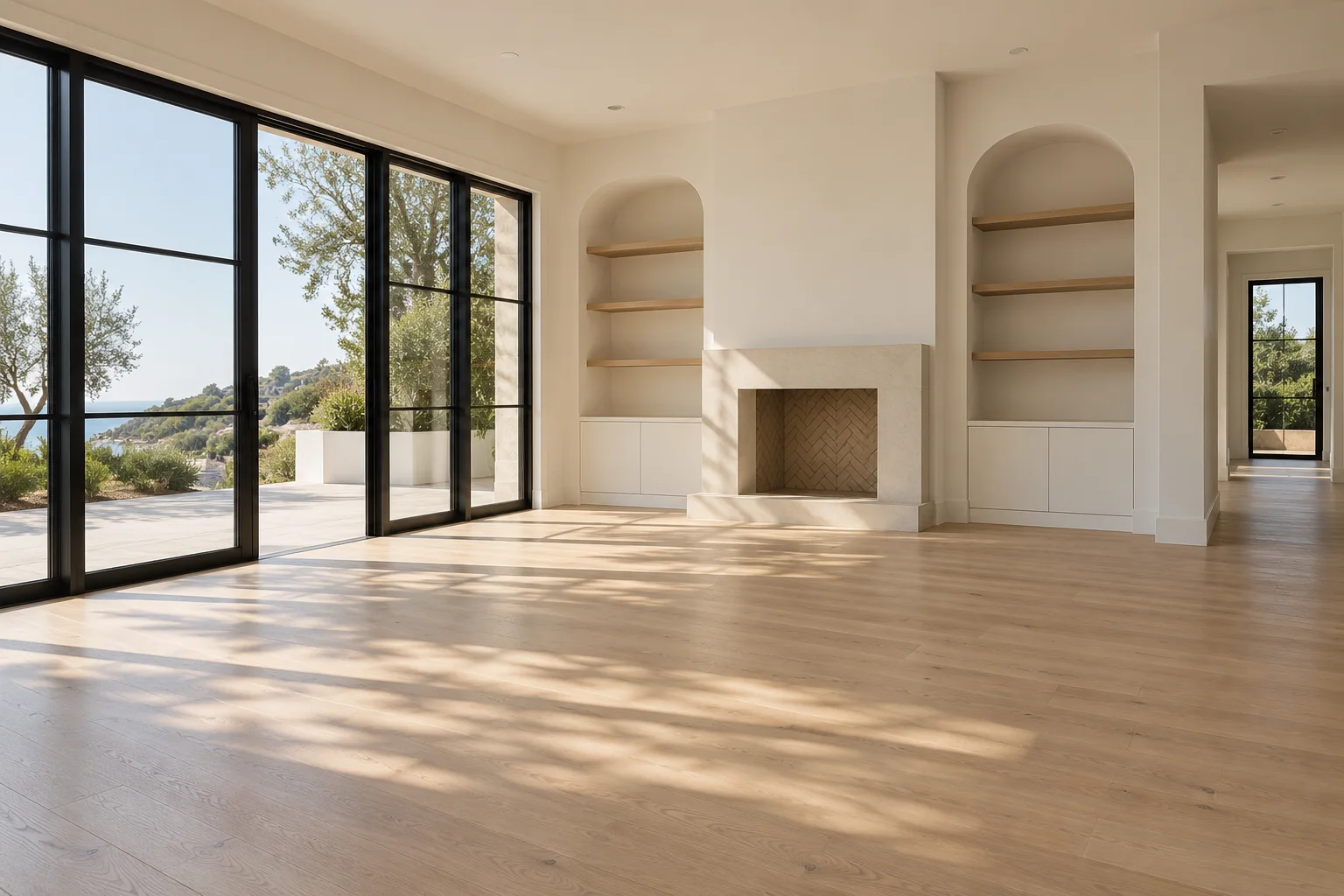 An illustrative empty completed living room with clean wood floors and large windows.