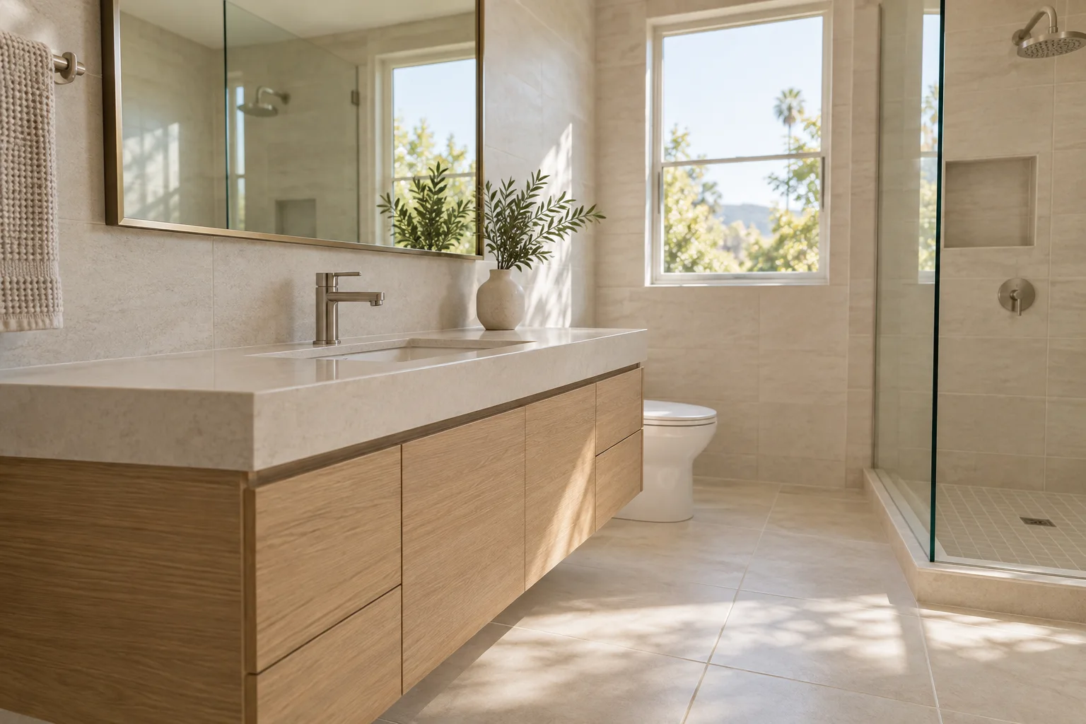 An illustrative finished bathroom with a pale oak vanity and cream tile.